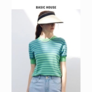 Basic House/百家好绿色条纹打底针织衫2023夏季高档修身短袖T恤