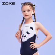 洲克（ZOKE）儿童泳衣女童三角专业训练青少年比赛竞技大童速干游泳装 白黑熊猫花123625808 170-80-64