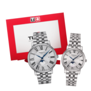 天梭(TISSOT)瑞士手表 卡森臻我系列月相钢带情侣腕表