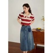 新品发布：DUSHU 独束 大码女装复古撞色条纹T恤女夏微胖mm上衣女 波尔多红 XL