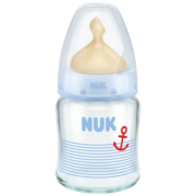 NUK宽口玻璃奶瓶婴儿奶瓶0-6月中圆孔乳胶蓝色120ml进口图案随机