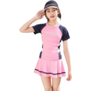 LTKITTYKIDS女童泳衣运动拼接分体短袖防日晒中大童平角泳衣速干学生游泳衣新 80164粉红色 L  45-52斤