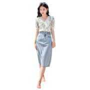 香影郁金香碎花上衣女2023夏装新款小清新荷叶边泡泡袖v领雪纺衫 蓝色 M
