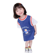 啪吡熊（PAPIBEAR）2023女童篮球服假两件连衣裙夏装女宝宝T恤裙子运动童装 蓝色 90