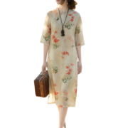 子牧棉麻2023夏装 女复古旗袍斜襟立领花边百搭七分袖印花连衣裙2633 花色 M(建议95-115斤)