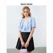 Basic House/百家好泡泡袖衬衫女2023夏新款ins法式V领衬衣显瘦