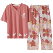 秋鹿睡衣女士夏季纯棉甜美印花短袖七分裤休闲可外穿家居服套装 豆沙红（38） L