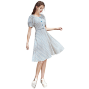 香影波点连衣裙女夏季款气质法式裙子收腰显瘦泡泡袖方领裙 白色 S