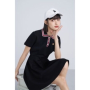 茵曼宽松女春秋季收腰撞色POLO翻领学院风百搭a字连衣裙