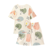 芬腾 睡衣女纯棉23年春夏季新品清新简约短袖短裤印花套头家居服套装 杏色 L