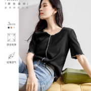 对白 女士 夏装V领撞色短袖T恤