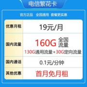 中国电信电信流量卡纯上网无线限流量手机卡全国不限速手机卡4g5g卡上网卡电话卡 繁花卡2年内19元/月160G全国流量不限速
