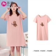 芬腾正品睡裙女夏天100%纯棉短袖睡衣宽松新疆棉卡通女士家居服薄