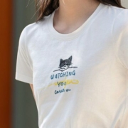 【新疆棉】茵曼短袖T恤女士纯棉夏季新款猫咪绣花圆领上衣