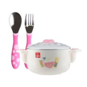 gb好孩子儿童餐具不锈钢碗宝宝防摔碗辅食碗勺叉套装 注水保温碗3件套 白色