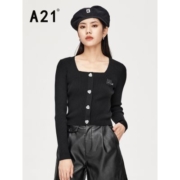 A21女装修身方领长袖短装线衫