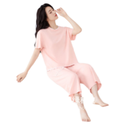 Plus会员：红豆（Hodo）情侣睡衣纯棉抑菌短袖短裤 女款-芭菲粉 M