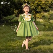笛牧 2023夏款洋气森系纯棉拼接印花泡泡袖连衣裙（100~160码）