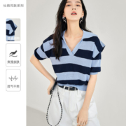 新人礼：DUIBAI 对白 撞色条纹垫肩V领女式短袖针织衫 杜鹃同款