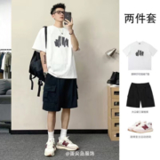 玩爆街区（cruel street）日系纯棉一套休闲套装男生工装短裤短袖t恤潮牌ins印花搭配两件套 短袖黑+短裤绿 M码【95-110斤】