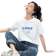 米子旗短袖t恤女国潮风2023新款夏季纯棉半袖体恤白色ins风韩版情侣装男 蓝字6915胸前大 白色 L 110-120斤