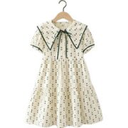 女2023夏季长裙女孩夏装公主裙学院风中大童碎花裙子 米白色 110