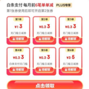 PLUS会员：京东 白条支付笔笔减 至高立减5元无门槛