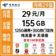 中国电信 河南29星 29元月租 （125G通用流量+30G定向流量）