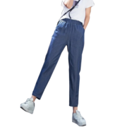 子牧棉麻2023夏装 女韩版百搭薄款哈伦九分裤松紧腰宽松垂感牛仔裤2376 浅蓝色 M(建议105斤以内)