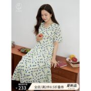 DUSHU 独束 大码女装法式气质V领碎花裙夏装新款微胖mm飘逸印花连衣裙女 米底蓝花 XL