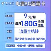 中国电信 蓝莓卡 9元月租（150G通用流量+30G定向流量）流量全结转、自选号码