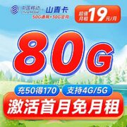 中国移动 本地卡 山青卡：19元80G+首月免费+1年套餐（首月免费+赠20E卡）