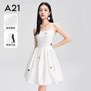 A21 女装2022夏新品复古赫本风吊带连衣裙花朵装饰气质方领短裙