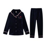 芬腾睡衣女冬季新品法兰绒开衫长袖纯色翻领家居服套装 深兰 M