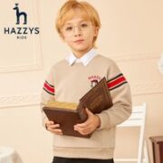 HAZZYS 哈吉斯 品牌童装男童套头卫衣冬新款儿童上衣简约圆领撞色一体绒卫衣厚 暖卡其 130
