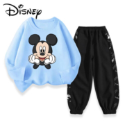 迪士尼（Disney）潮流儿童长袖套装秋季2023新款男童休闲中大童卫裤男孩秋装衣服 长袖DS02蓝-卫裤侧边印花黑 110