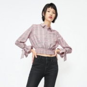 ONLY 女士时尚短款格纹绑带长袖衬衫