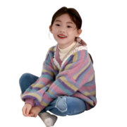 小马宝莉女童彩虹条不规则扣开衫上衣2023秋新款儿童小女孩毛衣针织外套 彩色 130