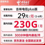 中国电信 吉林plus卡 29元月租（200G通用流量+30G定向+300分钟通话）