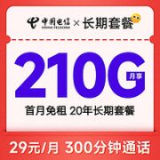 中国电信 长期套餐 29元/月（210G国内流量+300分钟通话）