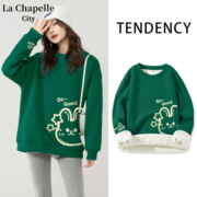 La Chapelle City拉夏贝尔加绒墨绿卫衣女冬季2023新款加厚薄绒外套oversize上衣潮 墨绿-星星兔左下+右袖 M