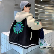 啪吡熊（PAPIBEAR）男童连帽外套秋冬款2023儿童冬装棒球服中大童潮童装 加绒绿色外套 120