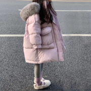 啪吡熊（PAPIBEAR）女童洋气大毛领连帽羽绒棉服儿童中长款棉衣2023新款加厚保暖外套 浅紫色 110