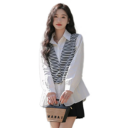美茵曼丽休闲百搭衬衣女2023春秋新款条纹假两件长袖衬衫设计感小众上衣女 MMG2301  黑白条纹 M（建议100-115斤）