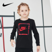 NIKE 耐克男童纯棉舒适长袖T恤春秋儿童针织上衣打底衫小童 正黑色 110/52(/4)