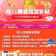 即享好券：京东 双11 黄金现货补贴 PLUS专享满5000减400