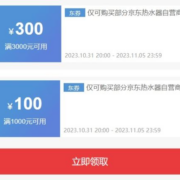 31日20点、领券备用：京东 满3000-300/1000-100元 京东热水器自营商品券