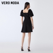 Vero Moda连衣裙2023夏季新款法式方领水钻蝴蝶结泡泡袖小黑裙