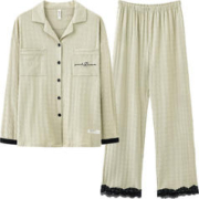 马克公主 纯棉睡衣女春秋法式甜美千鸟格可外穿家居服长袖蕾丝套装