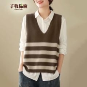 子牧棉麻 2023秋装 女时尚百搭针织衫马甲文艺休闲宽松坎肩马夹上衣9923 咖色 均码（建议90-145斤）